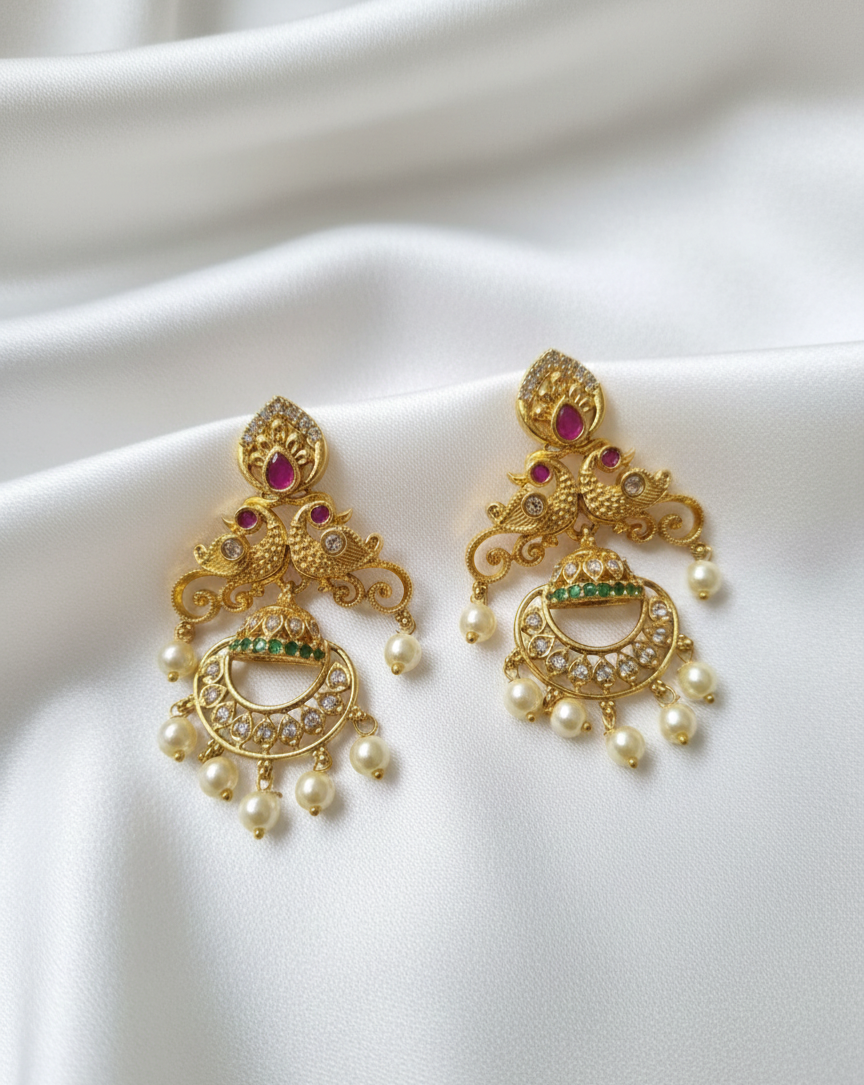 Peacock Temple Jewelry with Ruby, Emerald & Pearl Drops